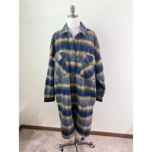 Evereve Allison Joy Navy/Mustard Fuzzy Plaid Long Shacket Women's Size Large EUC